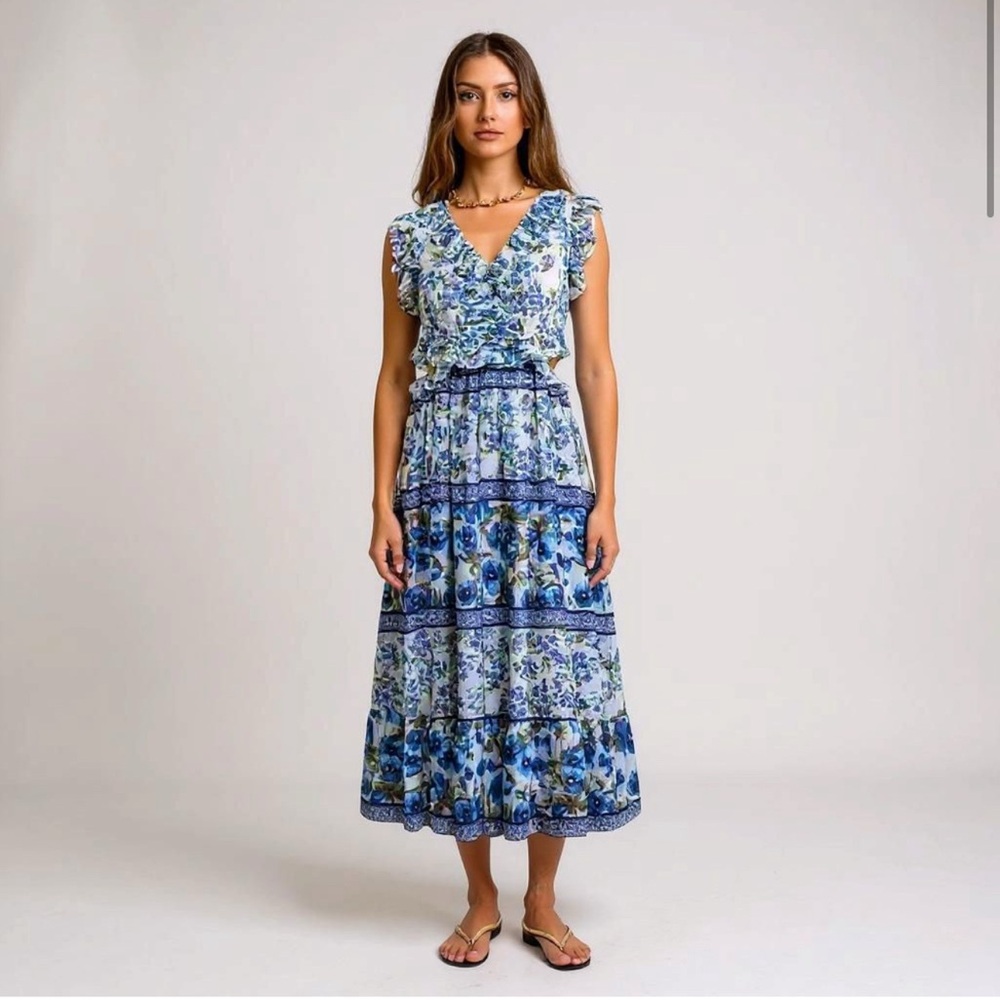 Moon River Ruffle Cutout Shirred Midi/Maxi Dress in Blue Floral